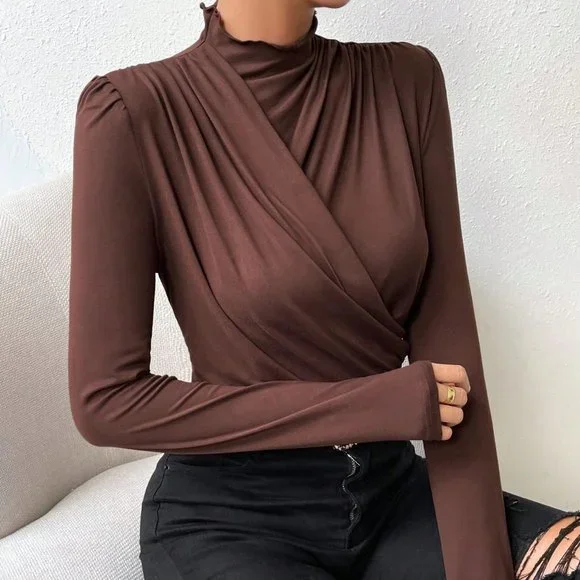 Brown Casual Womens Solid Ruched Mock Neck Tee - Picture 5 of 6